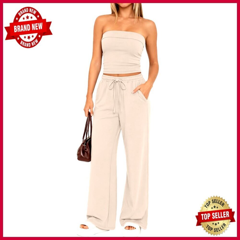 Rayon Spandex Lounge Set Tube Top Wide Leg Pants Pockets Medium